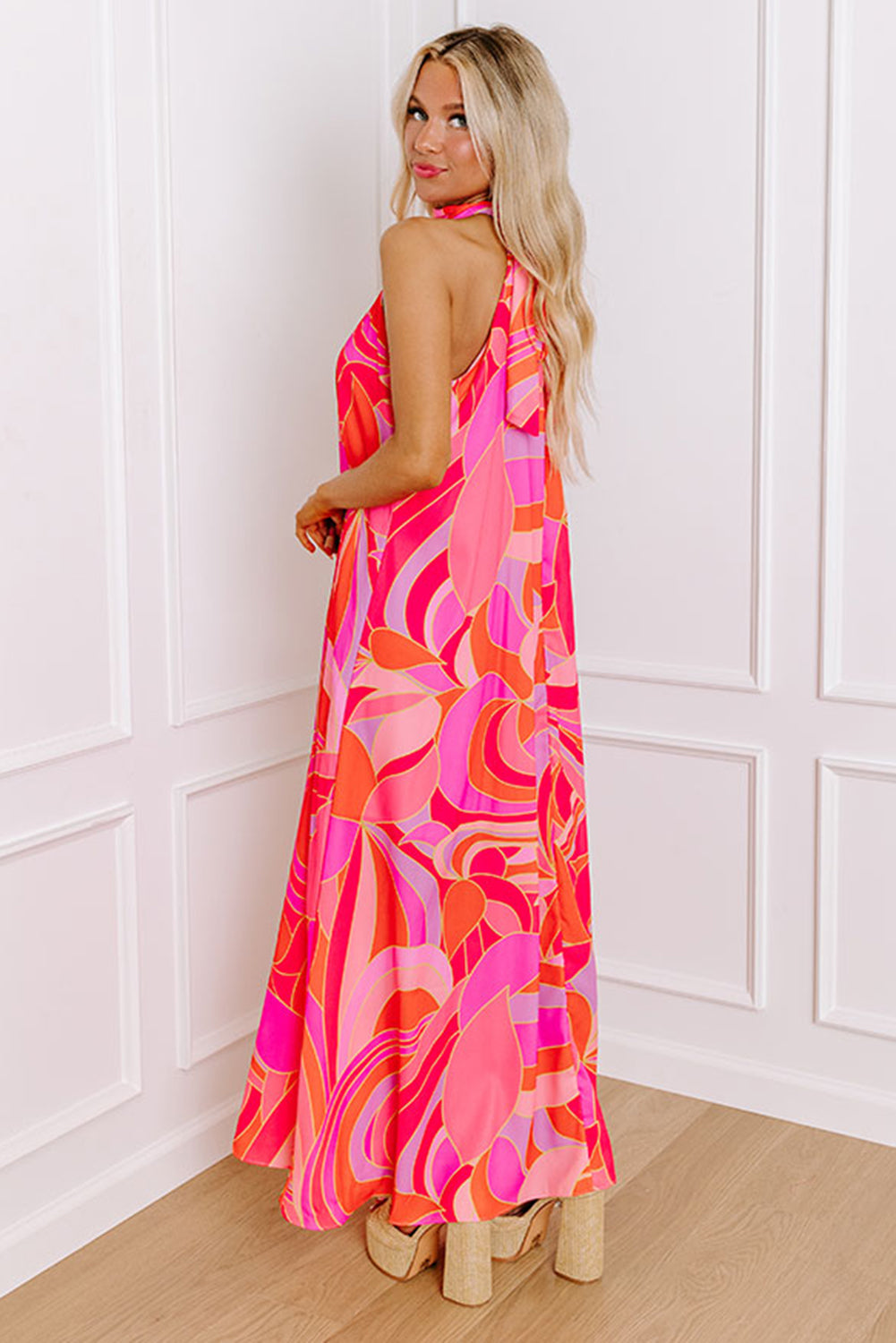 KaleaBoutique Stylish Abstract Printed High Neck Knotted Nape Sleeveless Maxi Dress - KaleaBoutique.com