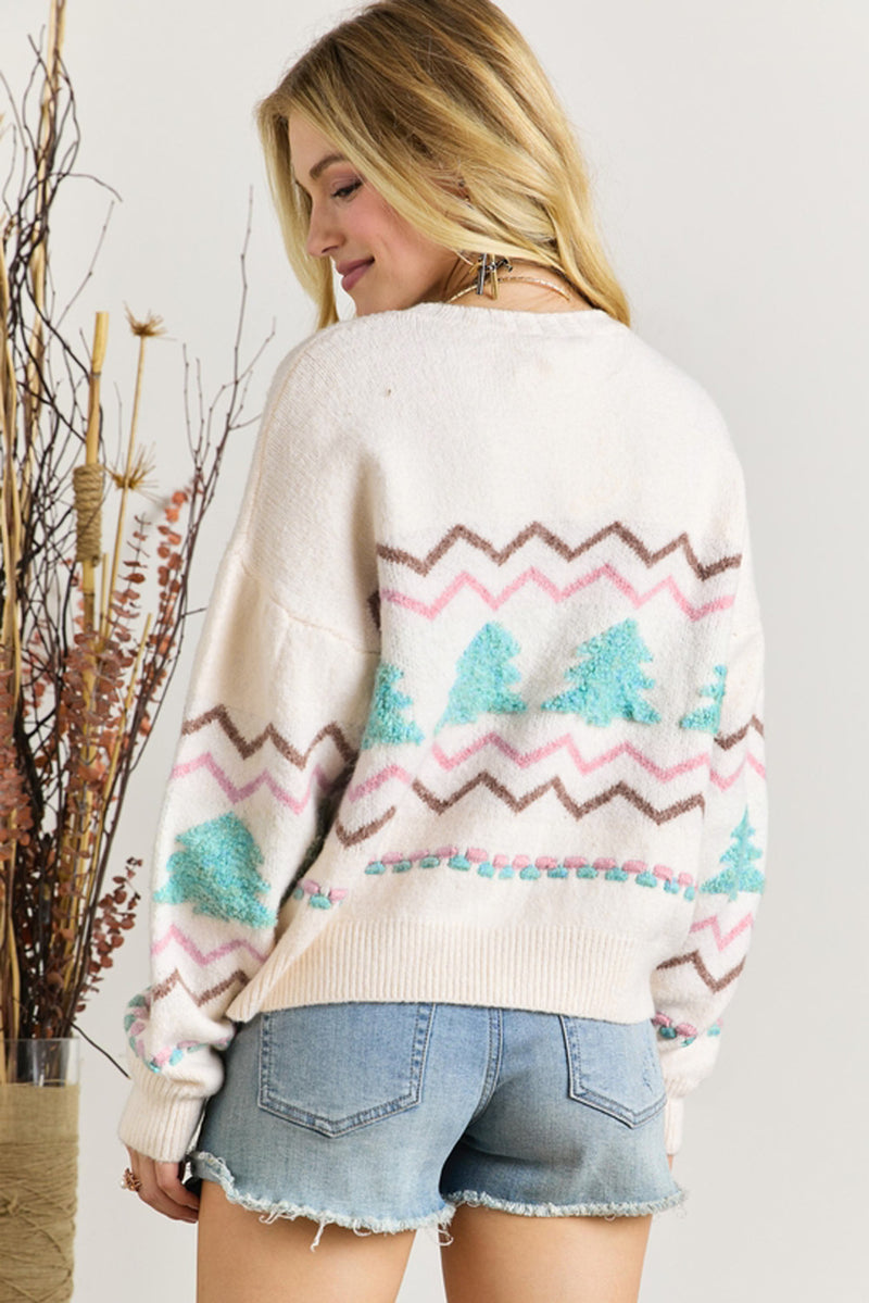 KaleaBoutique Stylish Striped Christmas Tree Ribbed Trim Drop Shoulder Sweater - KaleaBoutique.com