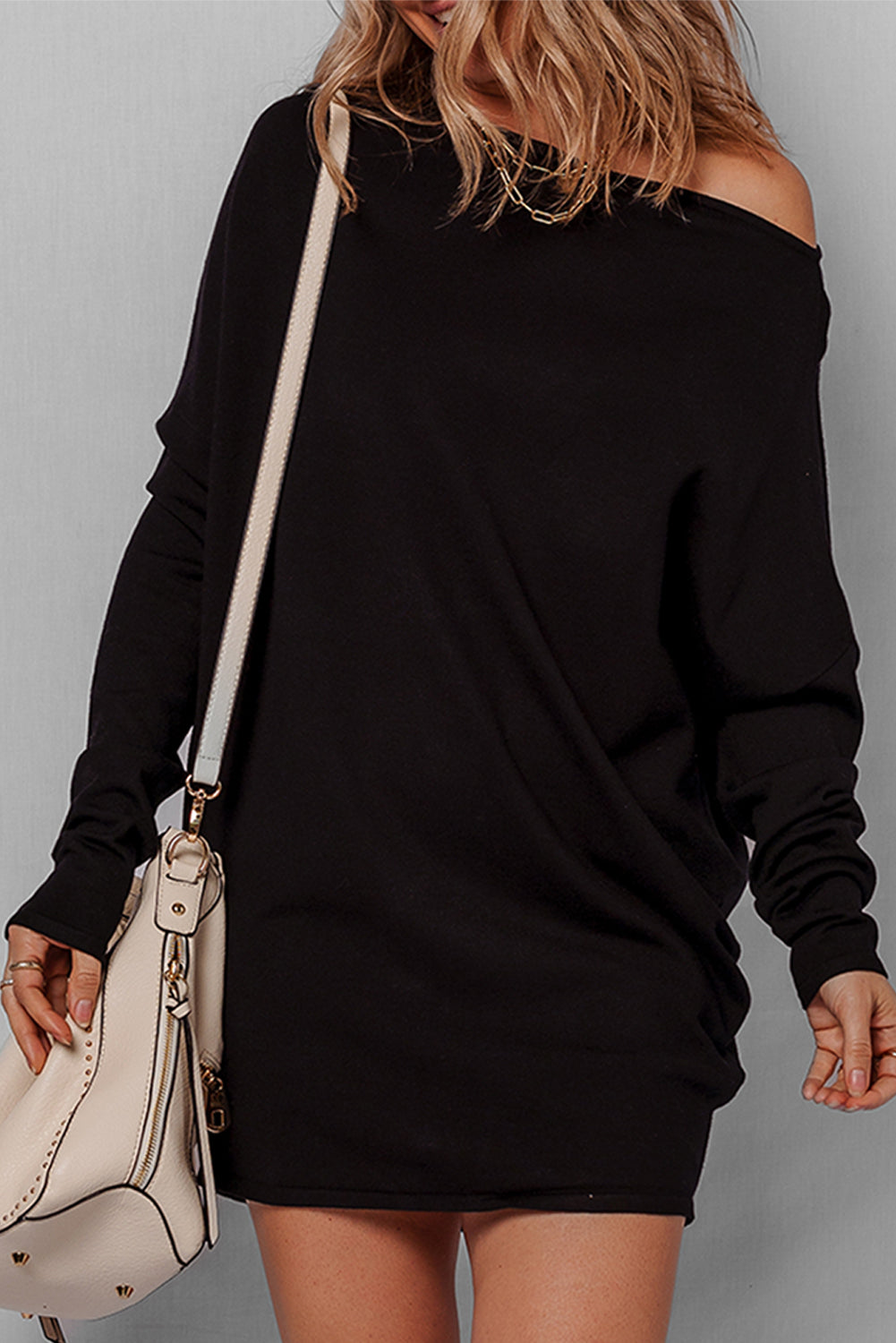 KaleaBoutique Stylish Asymmetric Neck Batwing Sleeve Shift Mini Sweater Dress - KaleaBoutique.com