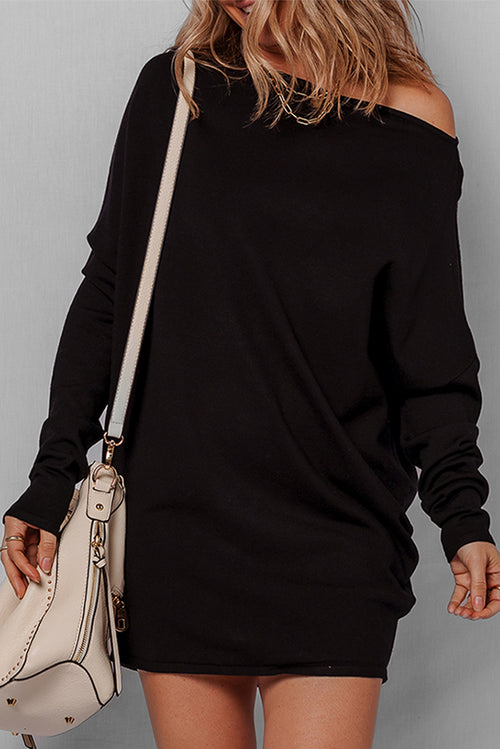 KaleaBoutique Stylish Asymmetric Neck Batwing Sleeve Shift Mini Sweater Dress - KaleaBoutique.com