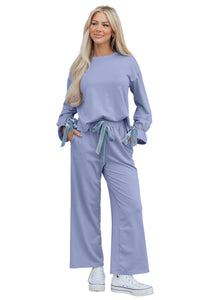 KaleaBoutique Comfortable Flounce Long Sleeve Top Drawstring Pants Contrast Velvet Bow Knot 2pcs Lounge Set - KaleaBoutique.com