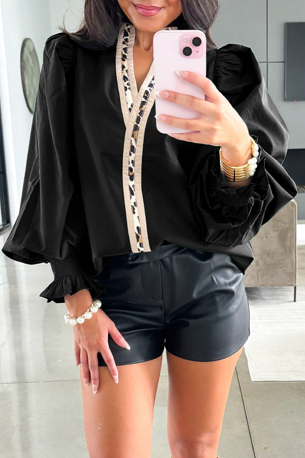 KaleaBoutique Stylish Puffy Flounce Sleeve Leopard Trim V Neck Blouse - KaleaBoutique.com
