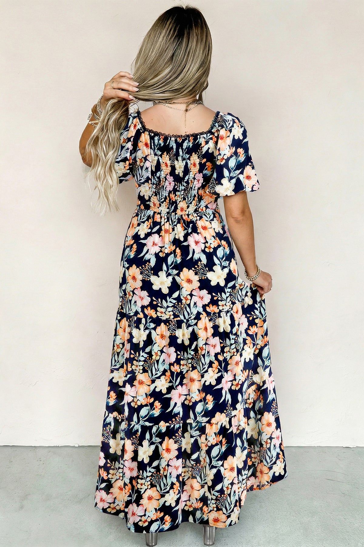 KaleaBoutique Comfortable Short Sleeve Smocked Detail High Waist Floral Maxi Dress - KaleaBoutique.com