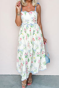 KaleaBoutique Stylish Floral Print Contrast Trim Self-tie Straps High Waist Midi Dress - KaleaBoutique.com