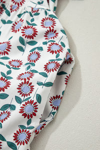 KaleaBoutique Stylish Cute Sunflower Printed Striped Patchwork Trim Flutter Sleeve Long Dress - KaleaBoutique.com