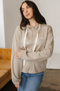 Contrast Bow Embroidered Zip Up Jacket Hoodie - KaleaBoutique.com