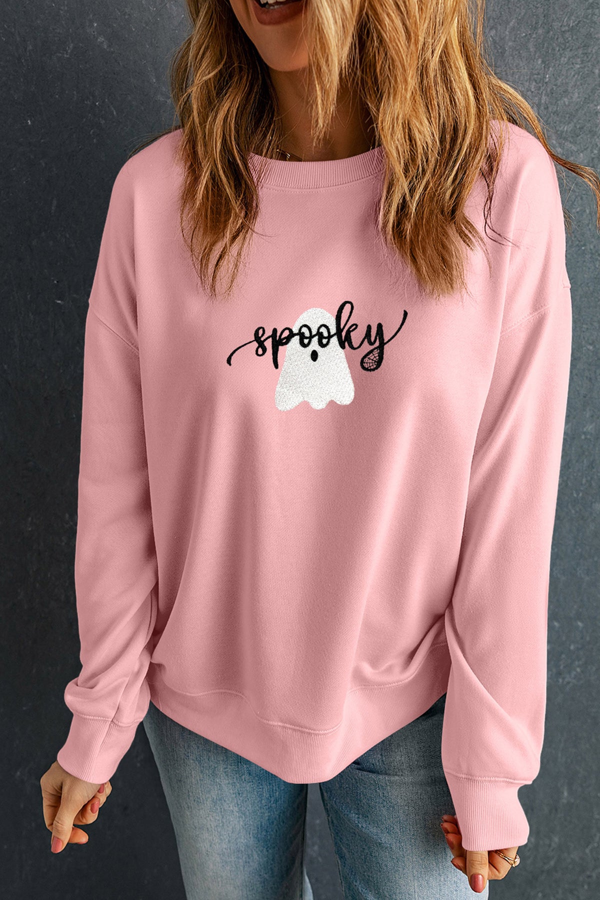 Pink Embroidered Ghost Halloween Sweatshirt - KaleaBoutique.com