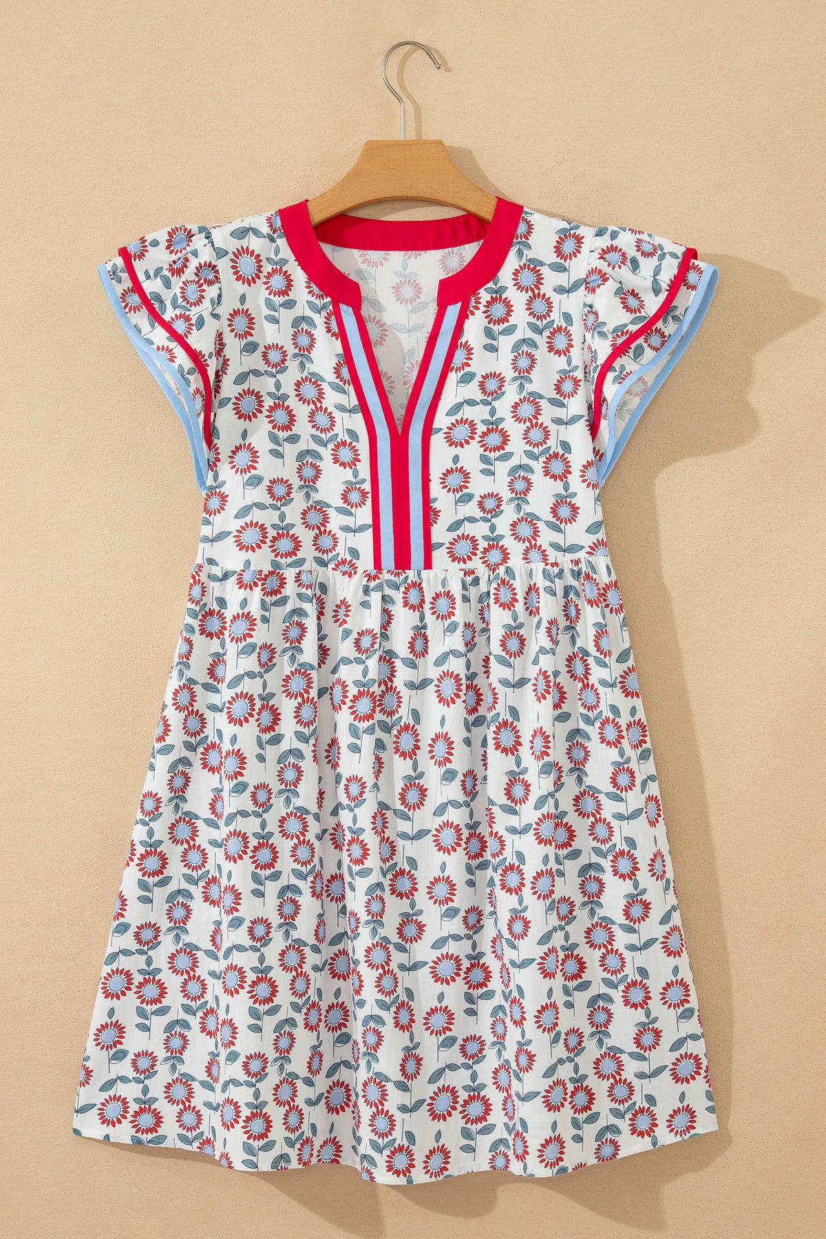 KaleaBoutique Stylish Floral Print Contrast Trim Flutter Sleeve Mini Dress - KaleaBoutique.com