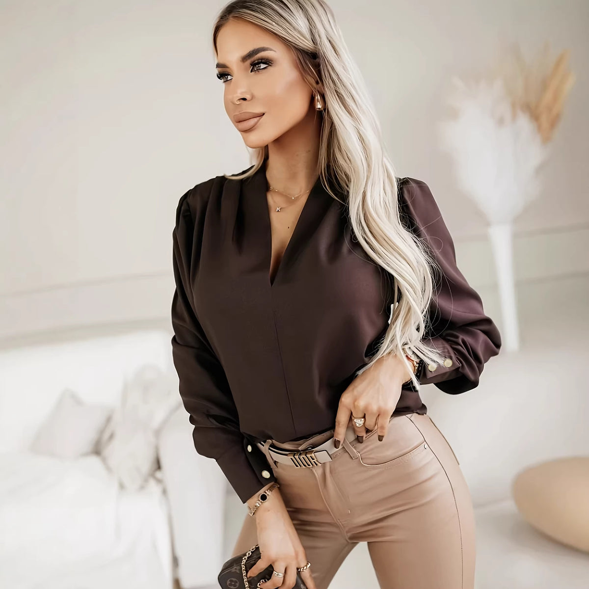 Urban Chic Solid-Color V-Neck Commuter Blouse For Women - KaleaBoutique.com