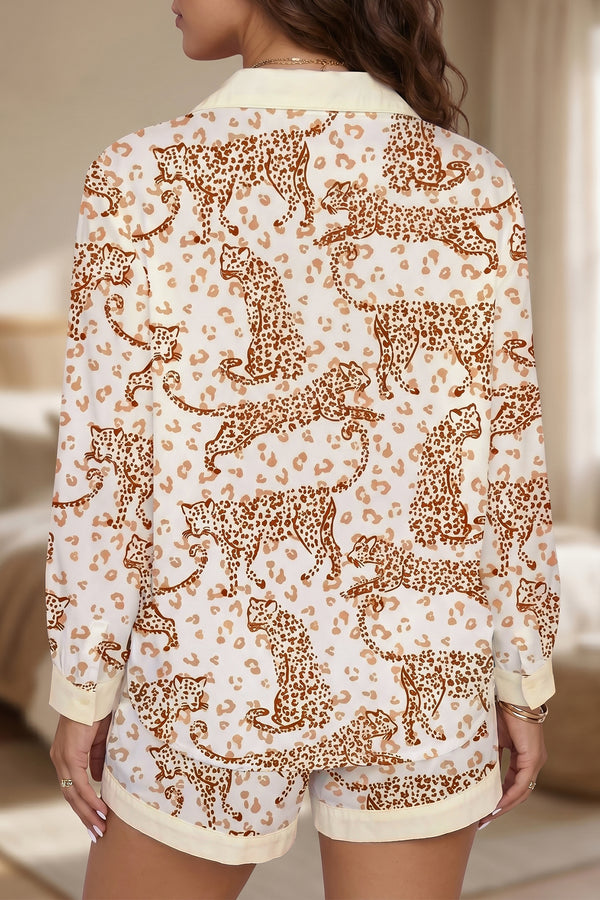 KaleaBoutique Stylish Leopard Print Colorblock Pocket Placket Long Sleeve Lounge Set - KaleaBoutique.com