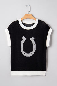 KaleaBoutique Comfortable Horse Shoe Pattern Contrast Trim Short Sleeve Sweater - KaleaBoutique.com