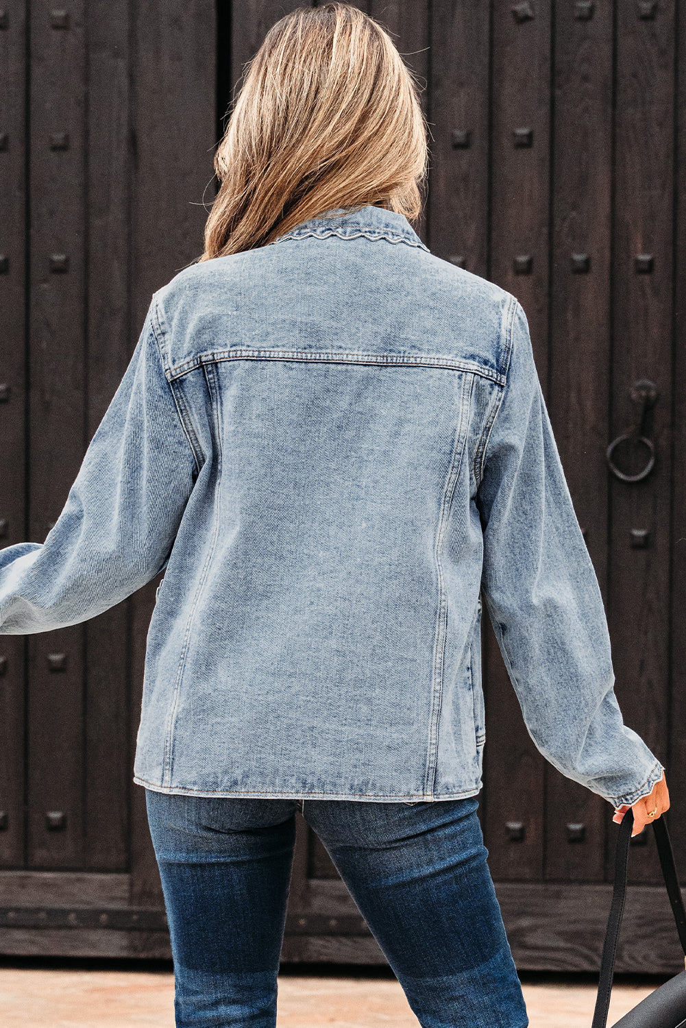 Scallop Trim Collar Patched Pocket Button Up Mineral Washed Denim Jacket - KaleaBoutique.com