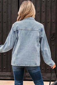 Scallop Trim Collar Patched Pocket Button Up Mineral Washed Denim Jacket - KaleaBoutique.com