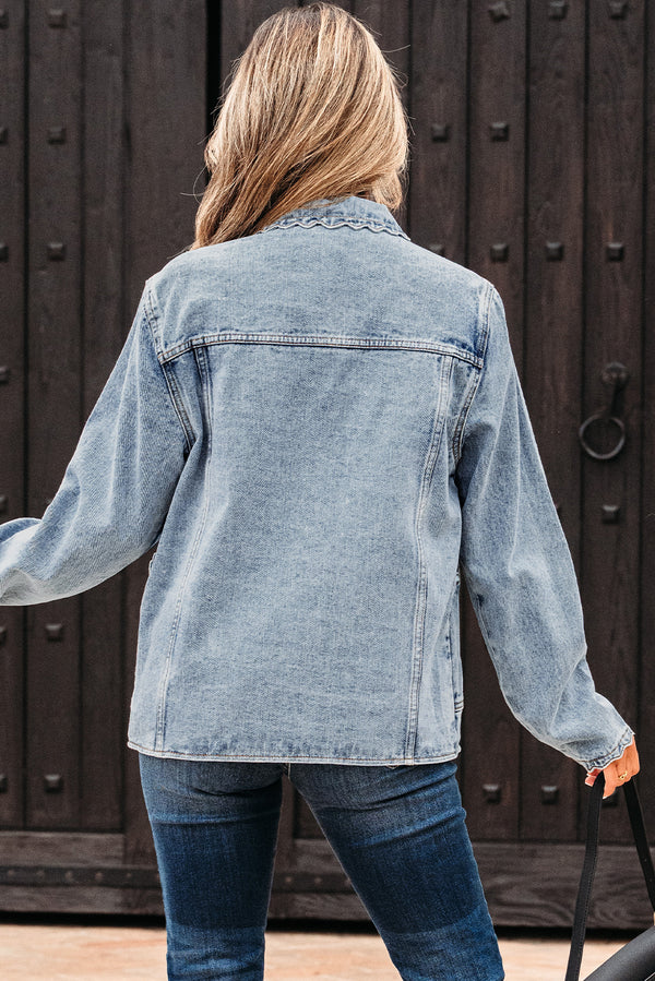 Scallop Trim Collar Patched Pocket Button Up Mineral Washed Denim Jacket - KaleaBoutique.com