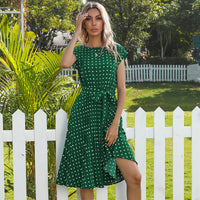 Women's Polka-Dot Round-Neck Tie-Waist Midi Dress - KaleaBoutique.com