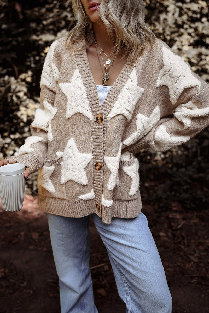 KaleBoutique Stylish Sherpa Star Pattern Textured Sweater Cardigan with Pockets - KaleaBoutique.com