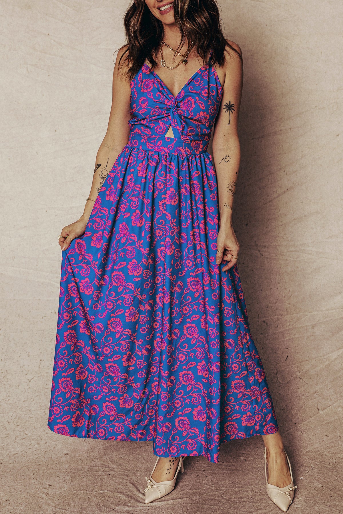 KaleaBoutique Stylish Floral Print Twisted V Neck Tied Backless Maxi Dress - KaleaBoutique.com