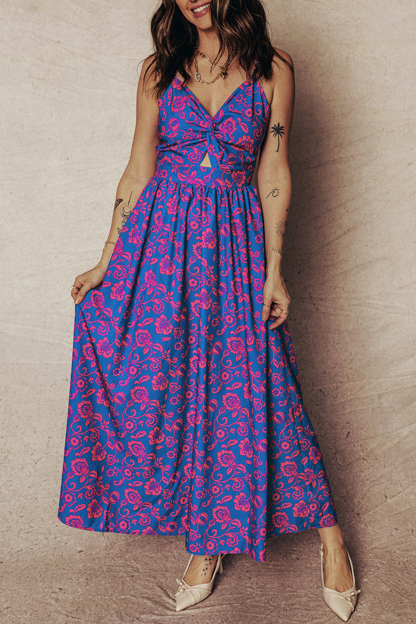 KaleaBoutique Stylish Floral Print Twisted V Neck Tied Backless Maxi Dress - KaleaBoutique.com
