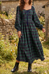 KaleaBoutique Comfortable Vintage Plaid Square Neck Lace Trim Long Sleeve Shift Dress - KaleaBoutique.com