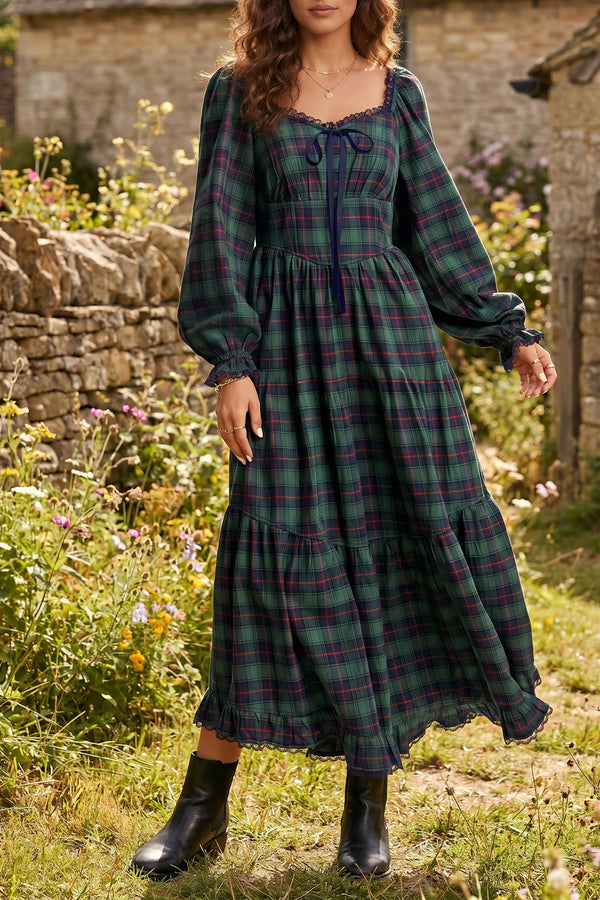 KaleaBoutique Comfortable Vintage Plaid Square Neck Lace Trim Long Sleeve Shift Dress - KaleaBoutique.com