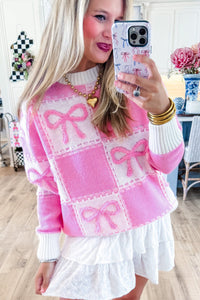KaleaBoutique Bow Knot Two Tone Checkered Crew Neck Sweater - KaleaBoutique.com