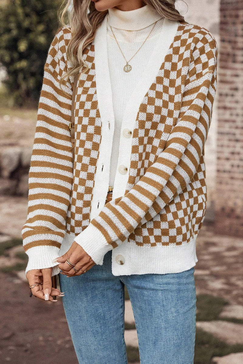 Checkered Striped Patched Buttoned V Neck Cardigan - KaleaBoutique.com