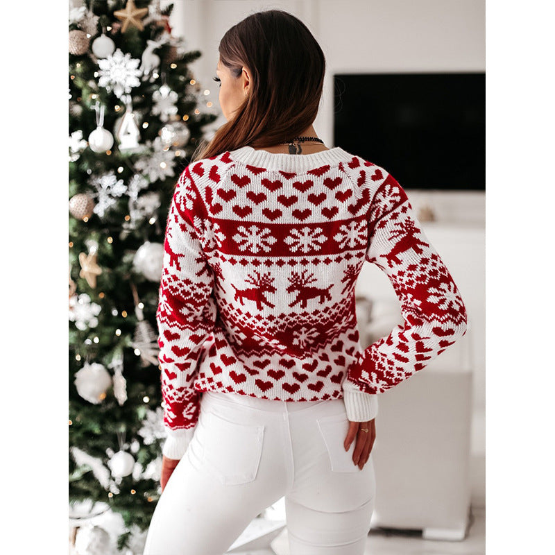 Women's Reindeer Snowflake and Heart Crew-Neck Christmas Sweater - KaleaBoutique.com