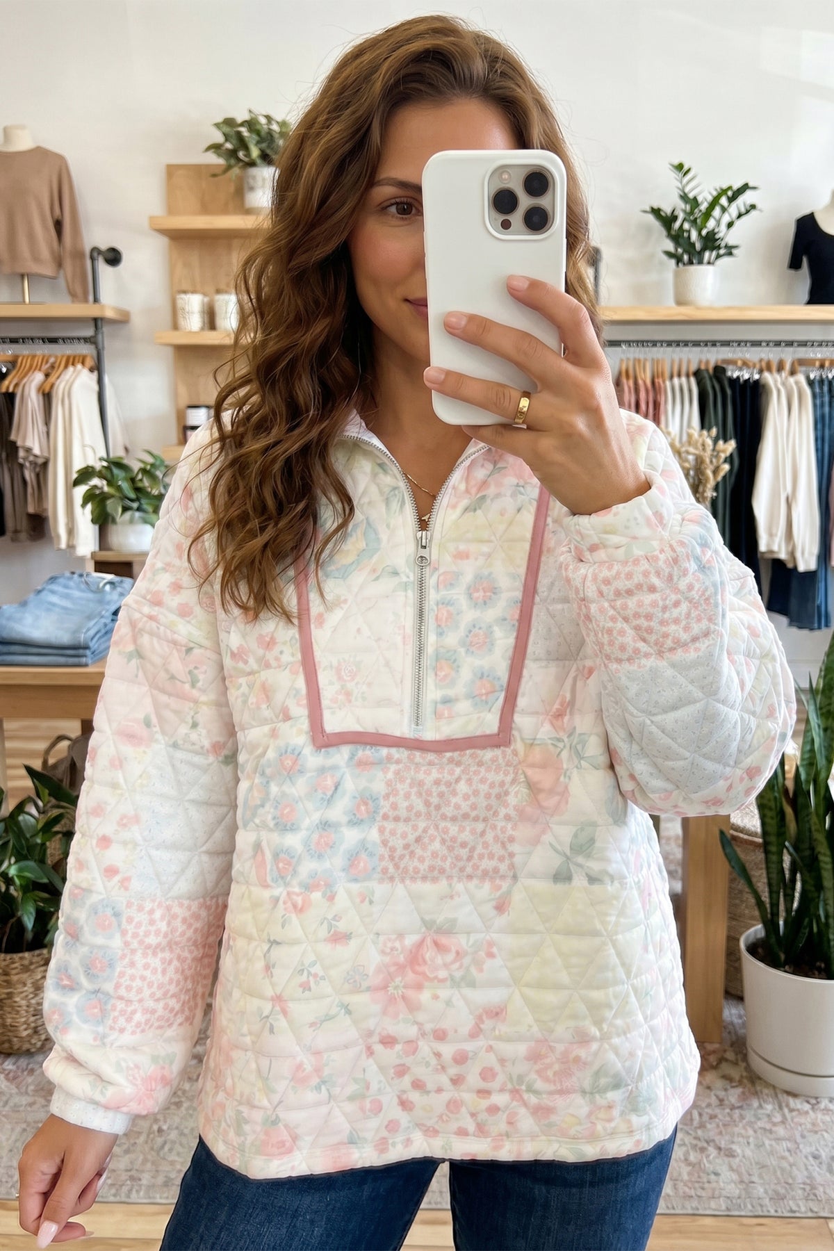 KaleaBoutique Stylish Floral Quilted Metal Zipper Collar Long Sleeve Sweatshirt - KaleaBoutique.com