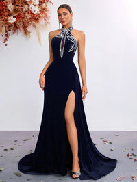 Velvet Halter Neck Beaded Mermaid Evening Gown With High Slit - KaleaBoutique.com