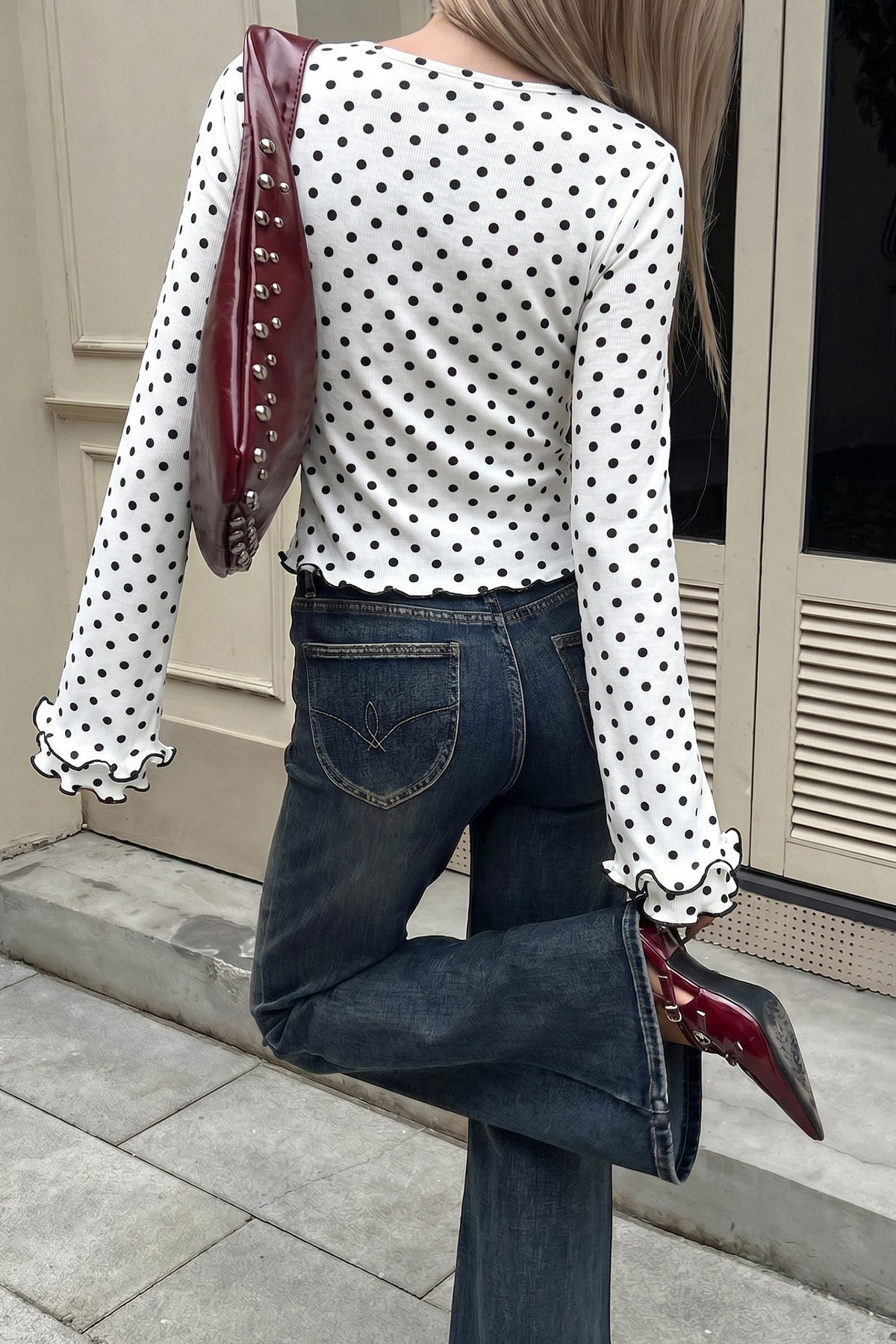 KaleaBoutique Stylish Polka Dot Print Lettuce Trim Long Sleeve Top - KaleaBoutique.com