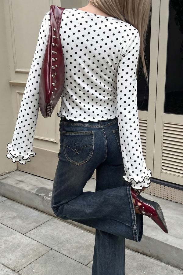 KaleaBoutique Stylish Polka Dot Print Lettuce Trim Long Sleeve Top - KaleaBoutique.com
