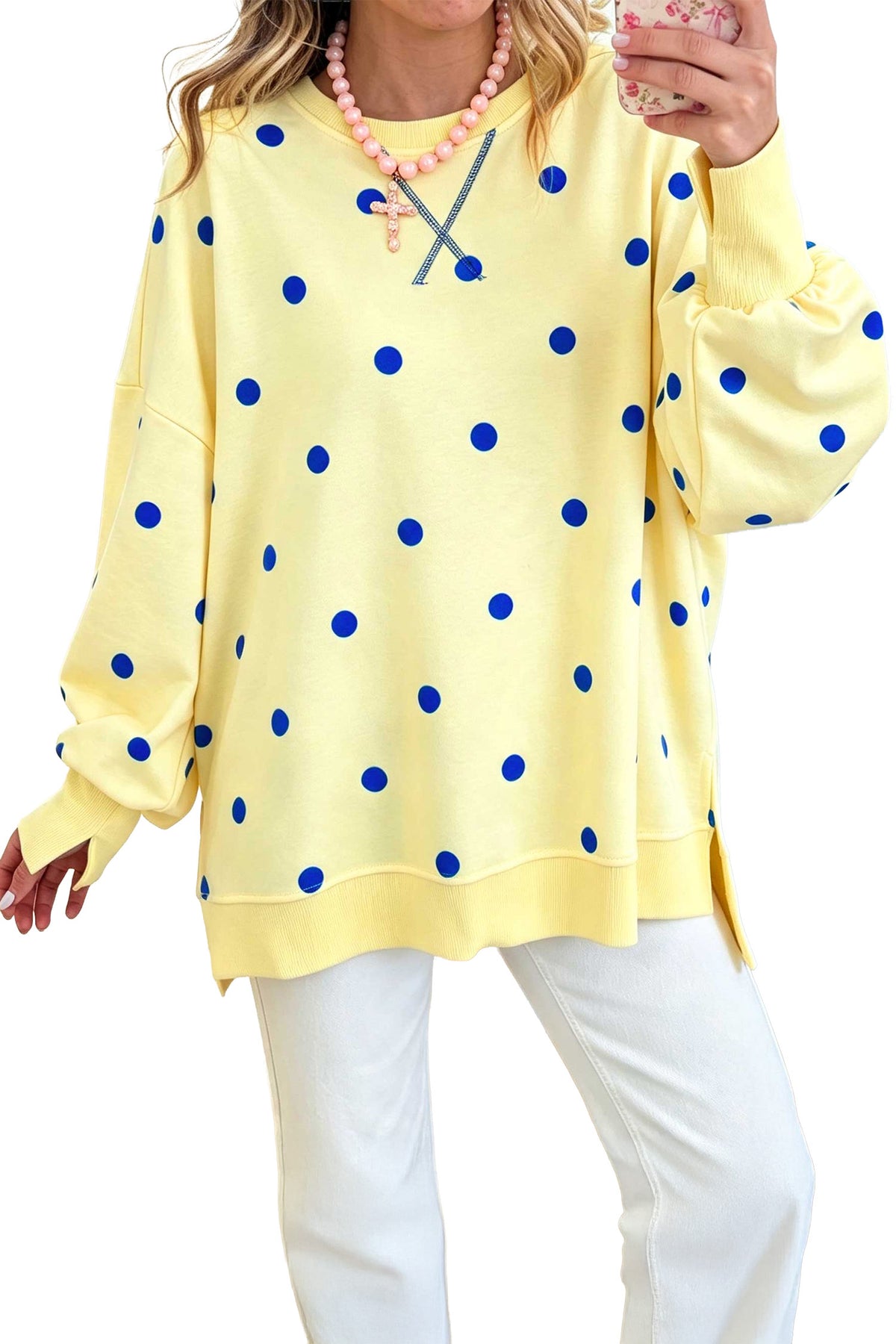 KaleaBoutique Polka Dot Loose Long Sleeve Split Hem Pullover Top - KaleaBoutique.com