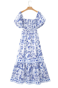 KaleaBoutique Stylish Floral Print Square Neck Bubble Sleeve High Waist Maxi Dress - KaleaBoutique.com