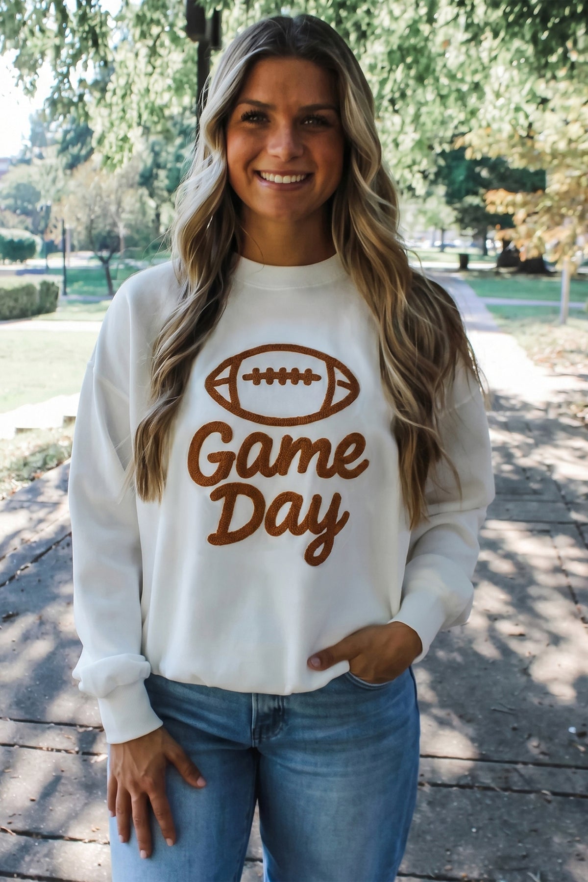 KaleaBoutique Stylish Embroidered Slogan Game Day Rugby Pattern Crewneck Sweatshirt - KaleaBoutique.com