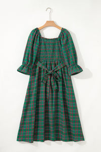 Tartan Plaid Square Neck Puff Sleeve Knot Waist Flared Midi Dress - KaleaBoutique.com