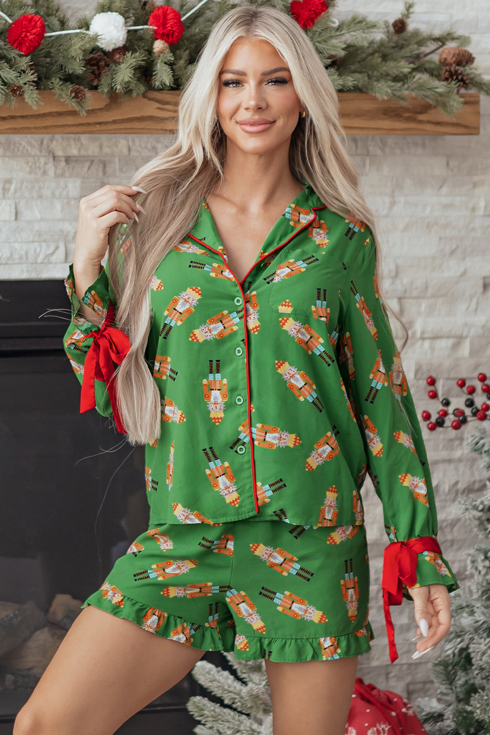 KaleaBoutique Stylish Christmas Candy Contrast Trim Bow Knot Silky 2pcs Pajama Set - KaleaBoutique.com