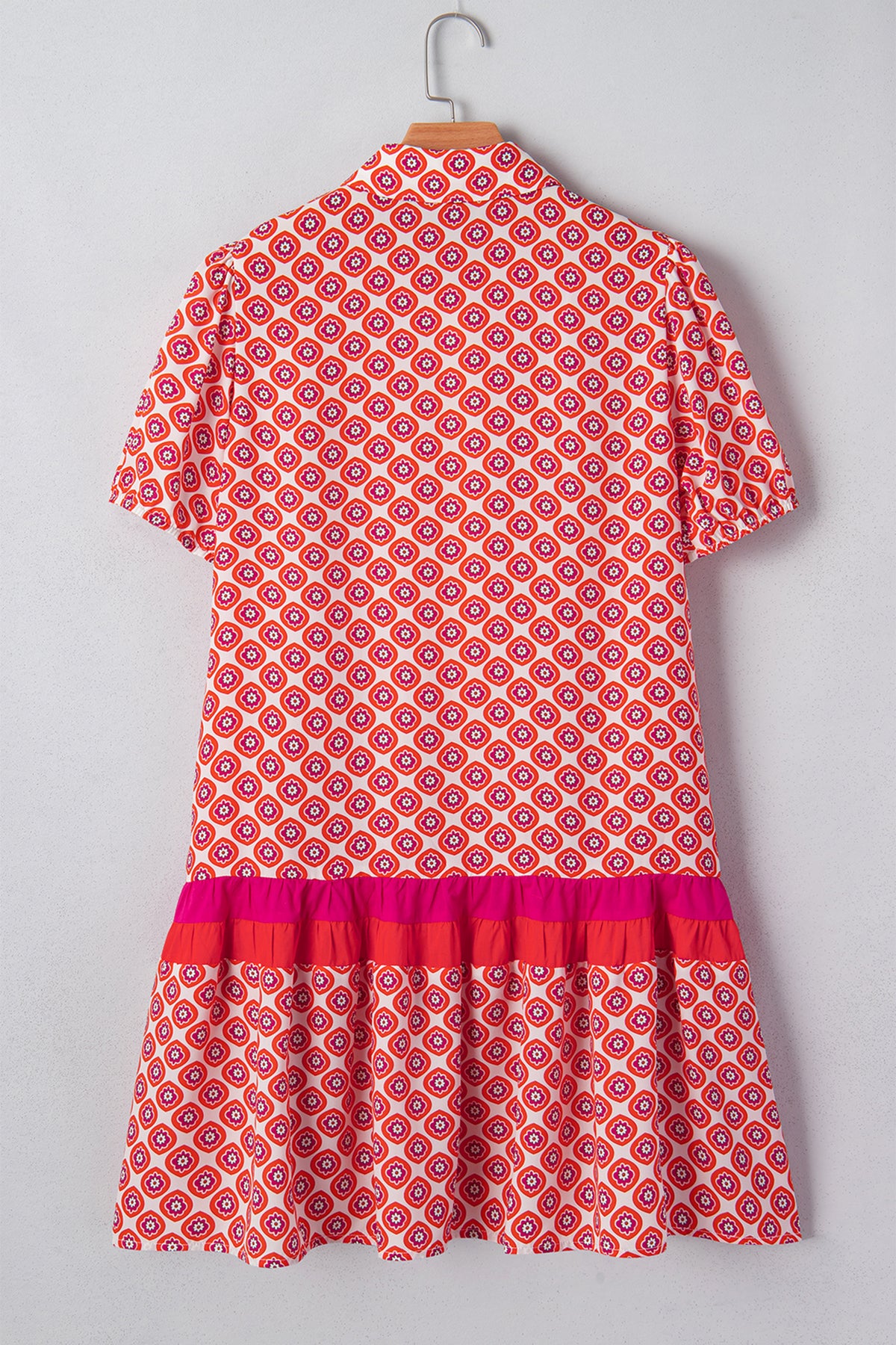 KaleaBoutique Stylish Geometric Floral Print Color Block Trim Button Front Ruffle Hem Dress - KaleaBoutique.com