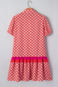 KaleaBoutique Stylish Geometric Floral Print Color Block Trim Button Front Ruffle Hem Dress - KaleaBoutique.com