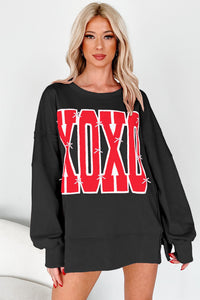 KaleaBoutique Stylish Bow Sequin XOXO Letter Graphic Exposed Seam Baggy Sweatshirt - KaleaBoutique.com