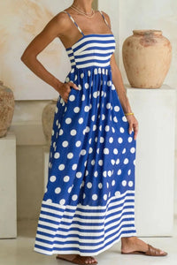 KaleaBoutique Stylish Striped Polka Dot Patchwork High Waist Spaghetti Straps Maxi Dress - KaleaBoutique.com