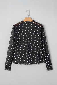 Polka Dot Patterned Bodycon Mock Neck Mesh Long Sleeve Top - KaleaBoutique.com