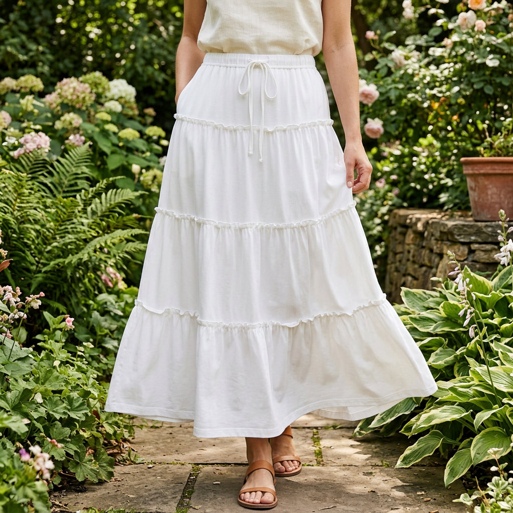 Women's Drawstring Elastic-Waist Tiered Midi Skirt