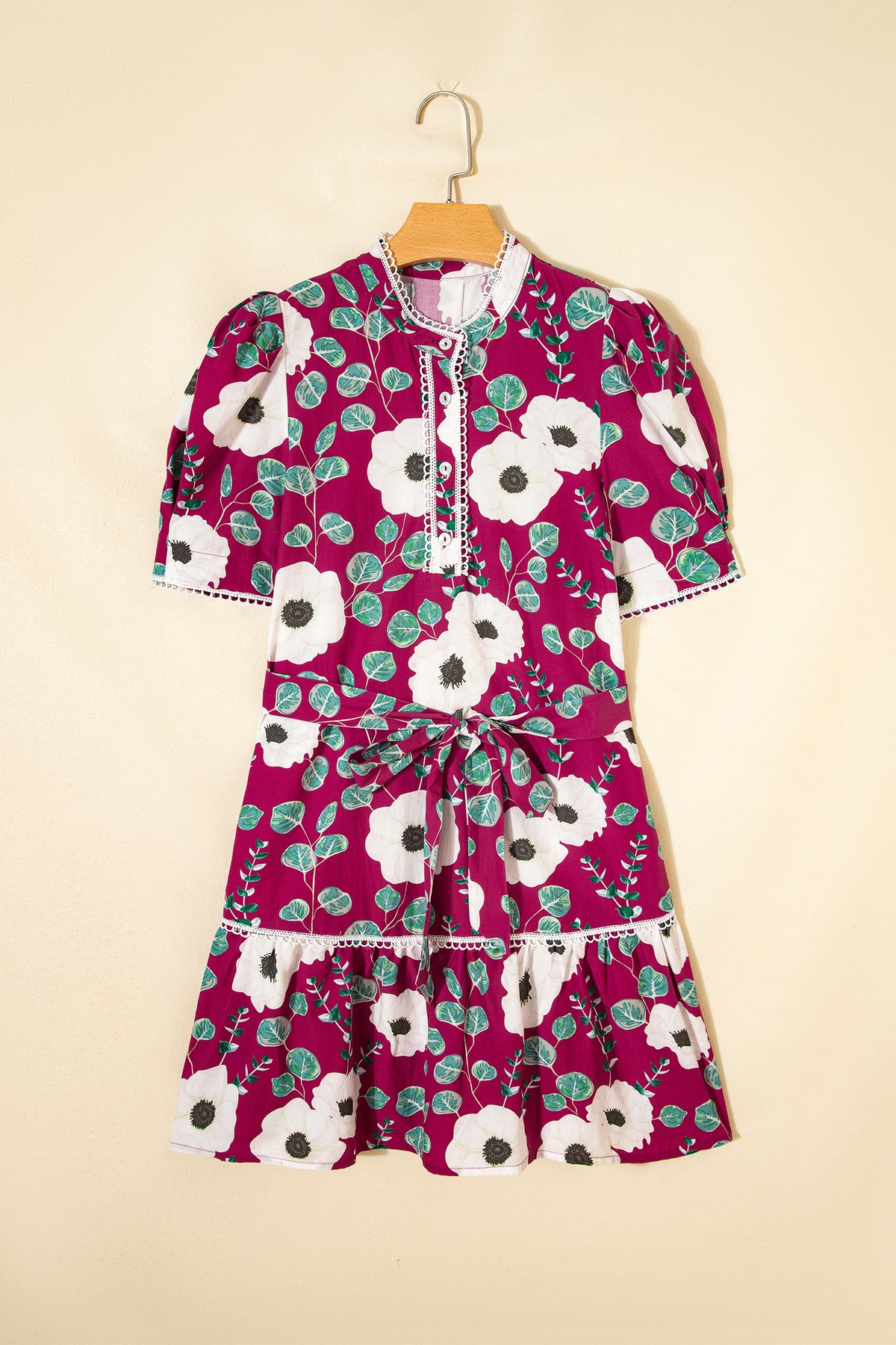 KaleaBoutique Stylish Floral Print Trimmed Short Puff Sleeve Mini Dress with Belt - KaleaBoutique.com