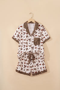 KaleaBoutique Stylish Chic Bow Cherry Printed Leopard Contrast Patchwork Shirt Drawstring Shorts 2pcs PJ Set - KaleaBoutique.com