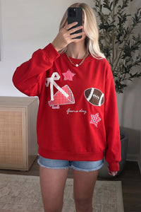 KaleaBoutique Stylish Gingham Patch Embroidered Rugby Game Day Stars Sweatshirt - KaleaBoutique.com