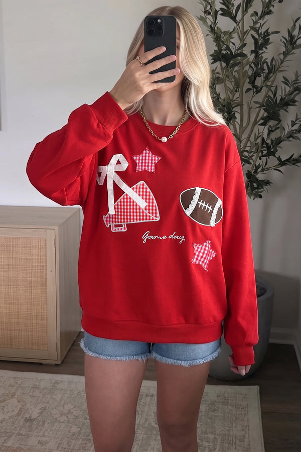 KaleaBoutique Stylish Gingham Patch Embroidered Rugby Game Day Stars Sweatshirt - KaleaBoutique.com