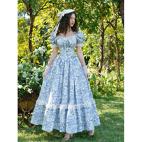 Women's Floral Puff-Sleeve Lace-Trim Ruffle-Hem Maxi Dress - KaleaBoutique.com