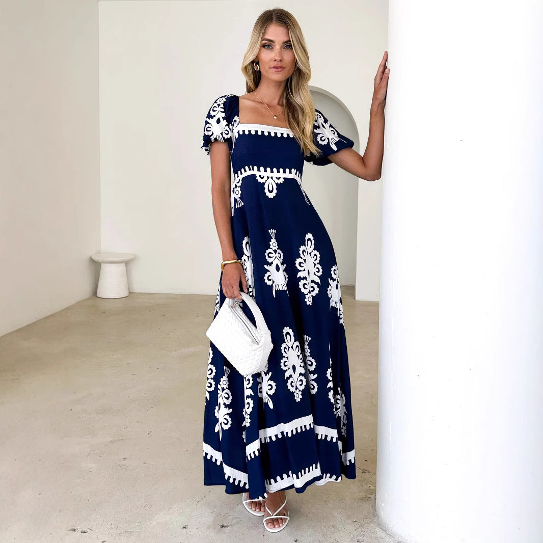 Women's Navy Printed Square-Neck Puff-Sleeve Maxi Dress - KaleaBoutique.com