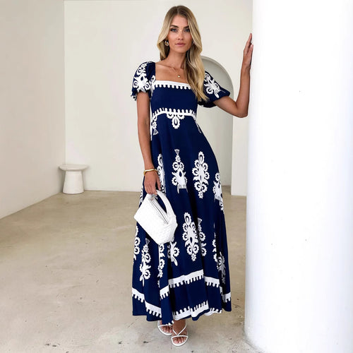 Women's Navy Printed Square-Neck Puff-Sleeve Maxi Dress - KaleaBoutique.com