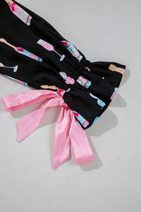 KaleaBoutique Stylish Christmas Wine Glass Print Bow Knot Two Piece Pajama Set - KaleaBoutique.com